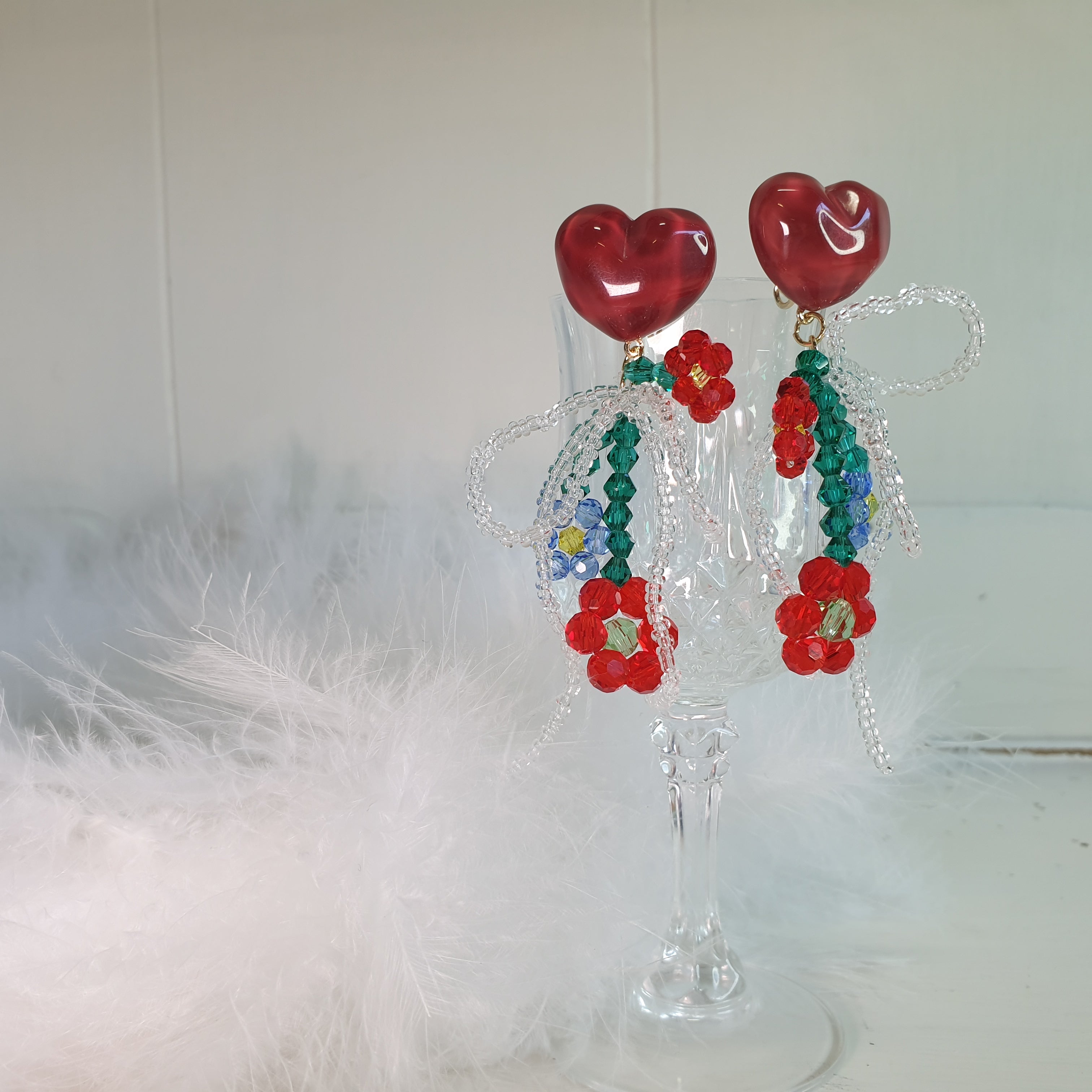 Luninana Clip-on Earrings - Wine Heart with Tassel Floral Earrings LL028