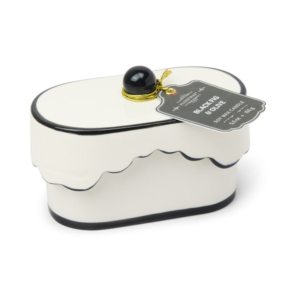 Designworks Cherie 5.5oz Porcelain Ceramic Dish W/ Black Accents & Lid; Hangtag & Warning Label - Black Fig & Olive