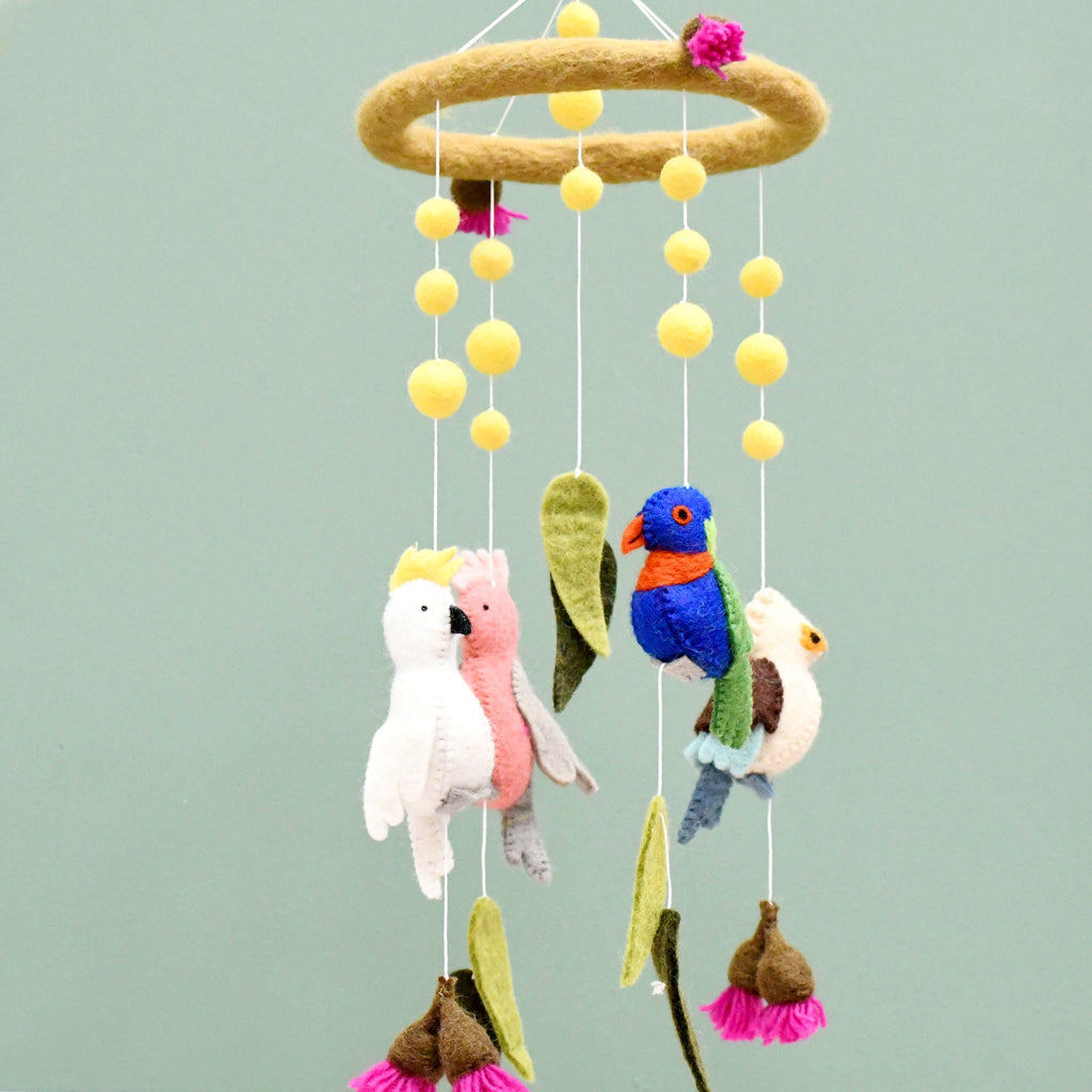 Tara Treasures - Baby Cot Mobile - Australian Birds - Cockatoo, Lorikeet, Galah and Kookaburra