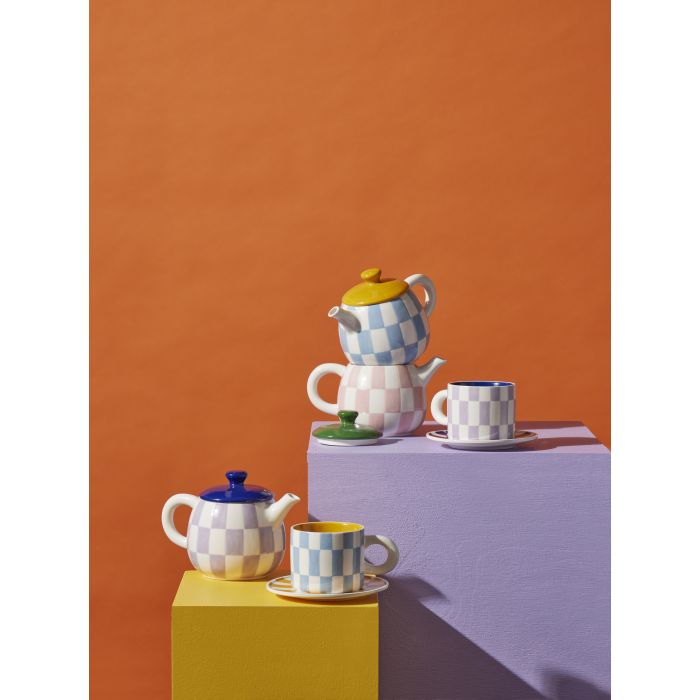 Emporium Check Teapot 700ml Blue & Orange