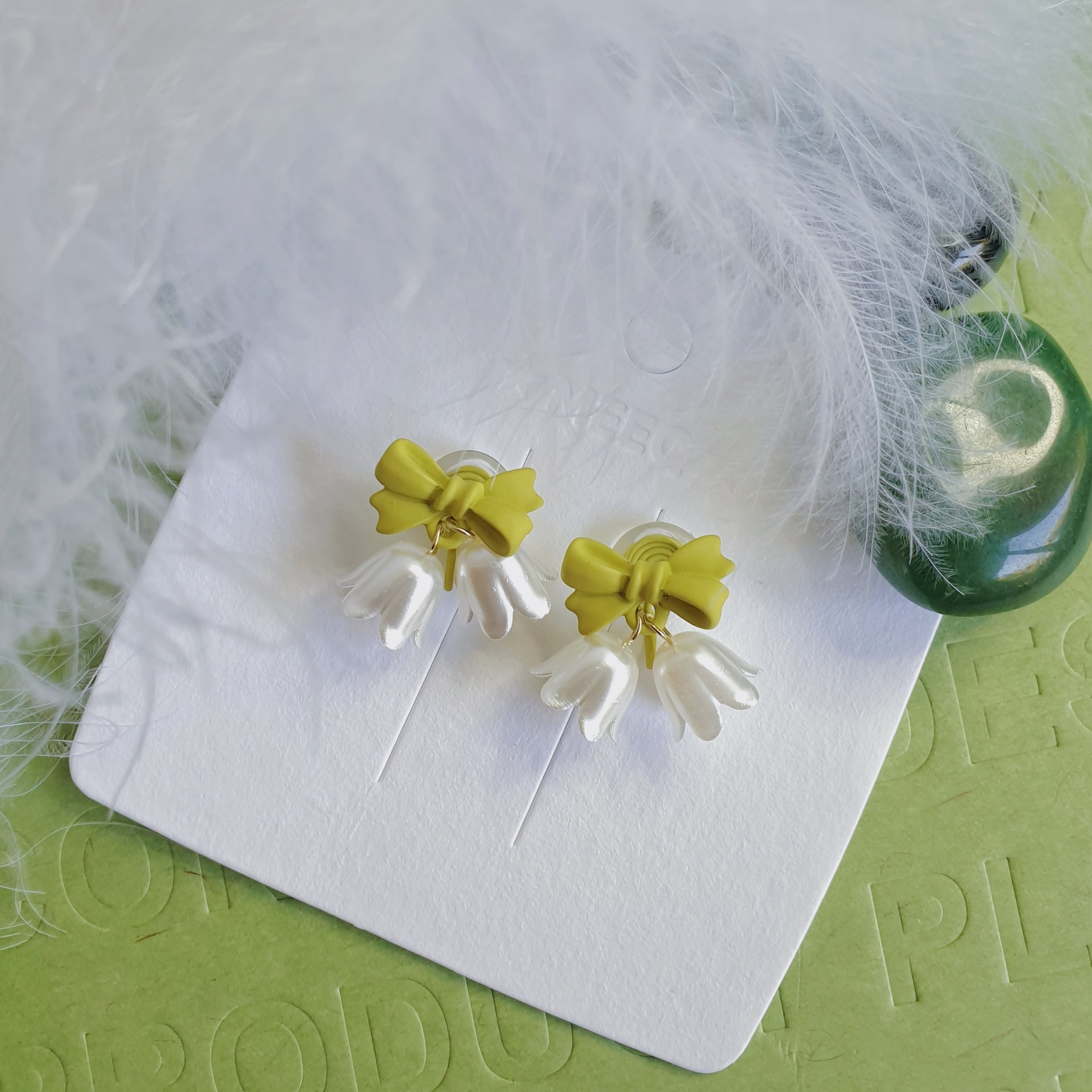 Luninana Clip-on Earrings -  White Bluebell with Green Ribbon Earrings LL022