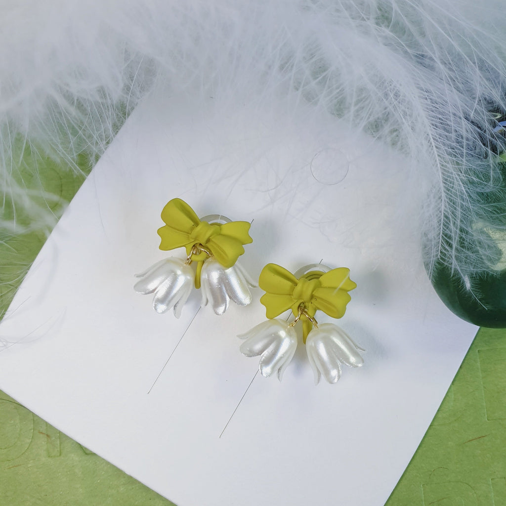 Luninana Clip-on Earrings -  White Bluebell with Green Ribbon Earrings LL022